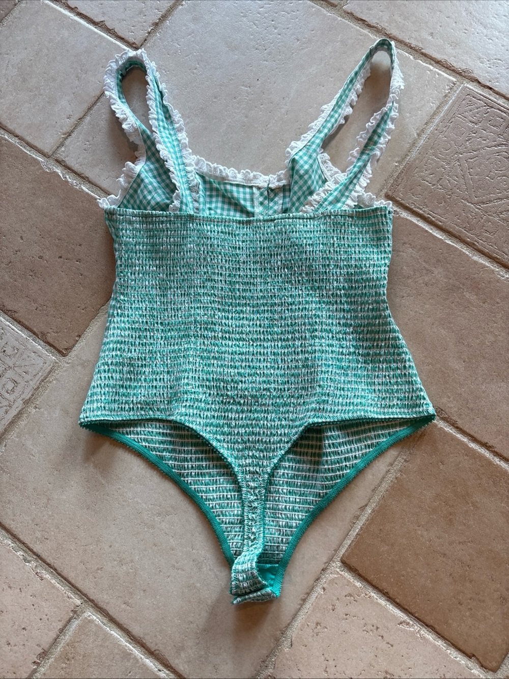 Free People Cassie Green Gingham Bodysuit with White Ruffle Trim size Large NWOT - Picture 10 of 10